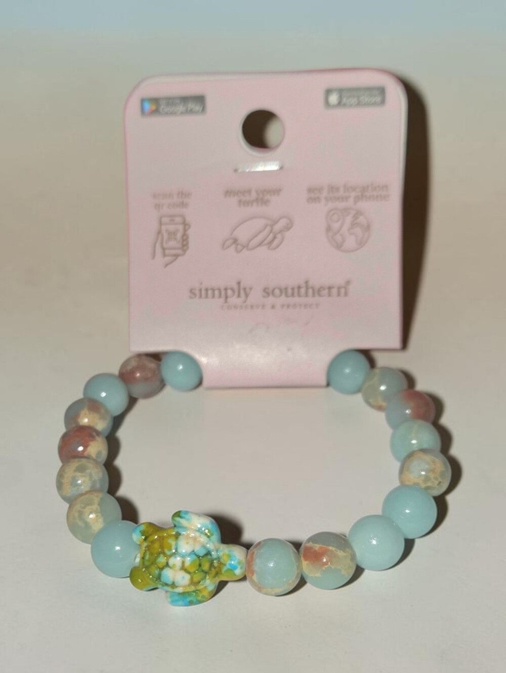 Simply Southern Blue/Tan Turtle Tracker Bracelet, w/Blue,Green,Cream Turtle, NWT